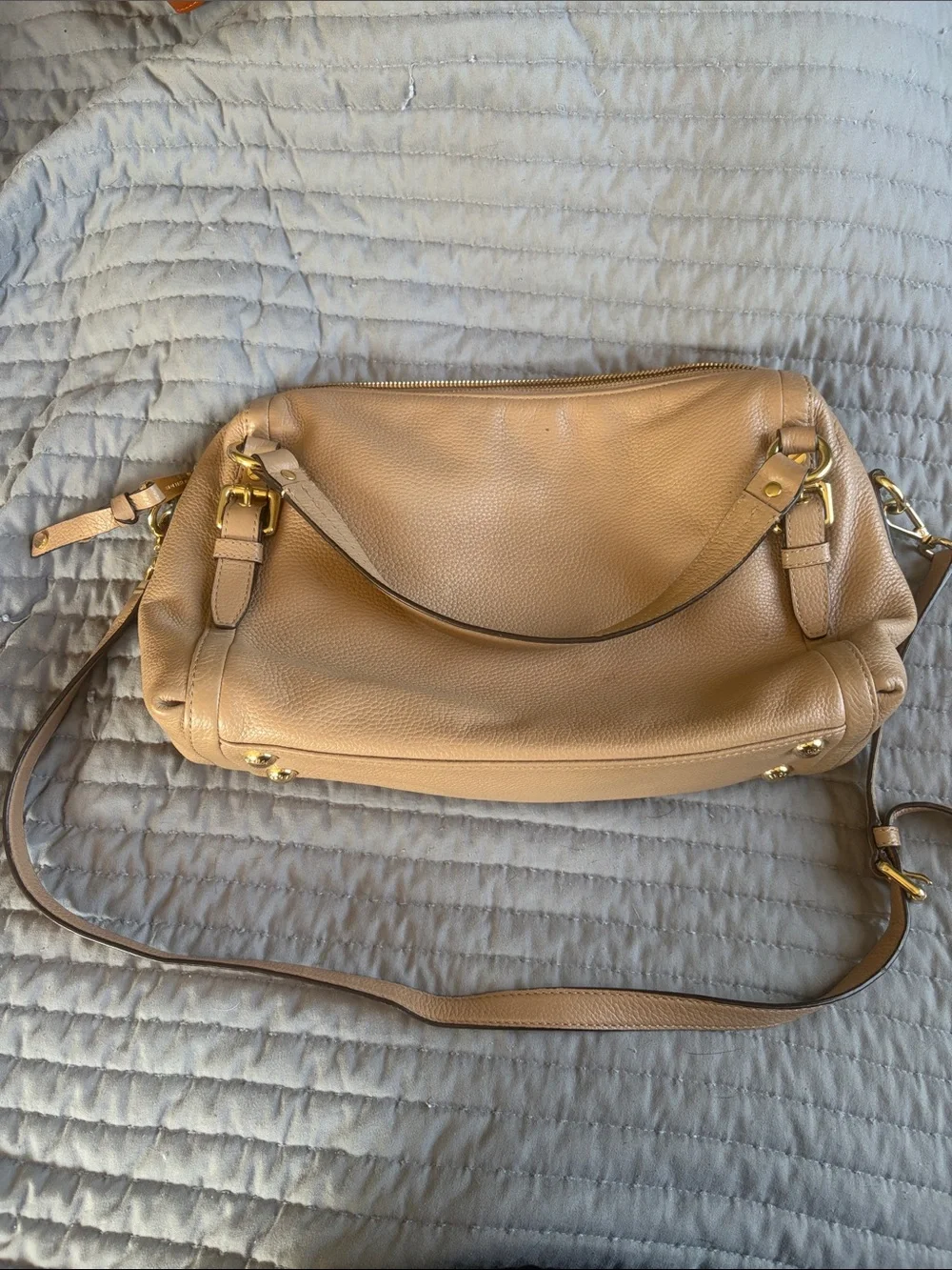Michael Kors Beige/Tan Pebbled Leather Shoulder Bag with Gold Hardware